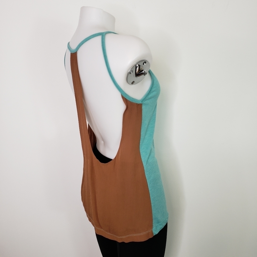 Chaser Open Back Strappy Keyhole Colorblock Tank Teal Brown NEW Small